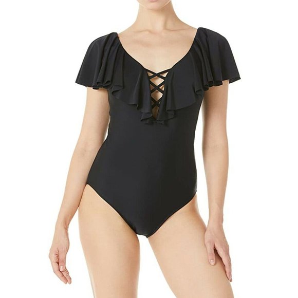NEW OCEAN BLUES Sexy Ruffle Layered One Piece Swimsuit Black Women's Small - 648 - Picture 5 of 7